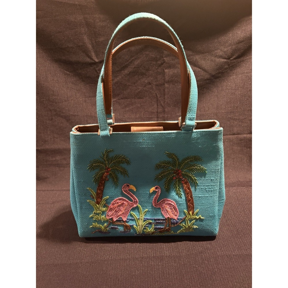 Isabella Fiore Flamingos Beaded Handbag Purse Tote Blue Pink Tropical